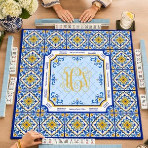 Amalfi Coast Mahjong Mat, Mediterranean Tile Mahjong Table Mat, Blue Yellow Floral Mahjong Mat, Mahjong Gift, Charleston Reminder Game Mat bild 1