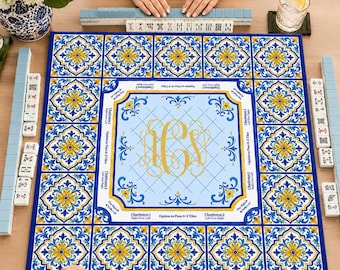 Amalfi Coast Mahjong Mat, Mediterranean Tile Mahjong Table Mat, Blue Yellow Floral Mahjong Mat, Mahjong Gift, Charleston Reminder Game Mat