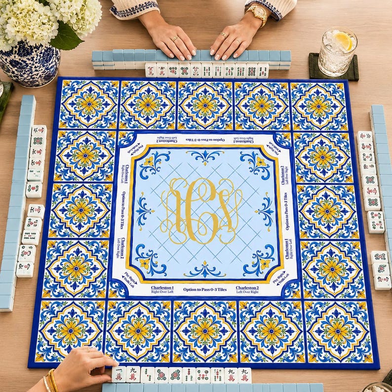 Amalfi Coast Mahjong Mat, Mediterranean Tile Mahjong Table Mat, Blue Yellow Floral Mahjong Mat, Mahjong Gift, Charleston Reminder Game Mat bild 1