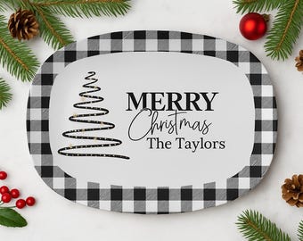 Personalized Christmas Serving Tray: Black Buffalo Plaid, Family Name
