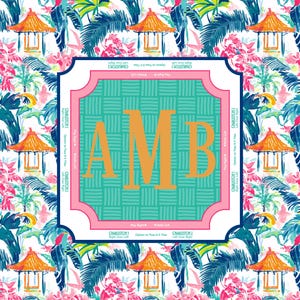 May include: A square decorative design with a tropical floral and pagoda pattern background. The center features the letters "AMB" in orange, set against a teal woven texture, framed by a pink border. Text is visible around the border.