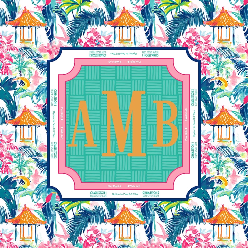 May include: A square decorative design with a tropical floral and pagoda pattern background. The center features the letters "AMB" in orange, set against a teal woven texture, framed by a pink border. Text is visible around the border.