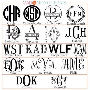 May include: A chart showing different monogram styles, including circle, circle with border, circle layer, Roman laurels, leafy layer, cap layer, diamond, fishtail, Roman caps, ecuyer, copperplate, roselyn, vine, Jan stylish, FMB, Roman, and MonoKK.