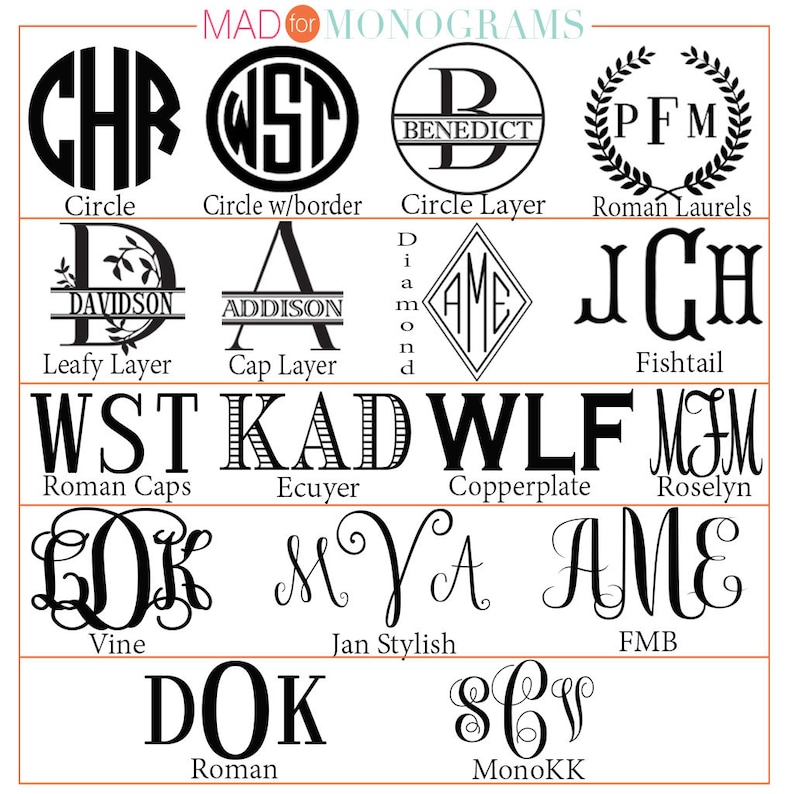 May include: A chart showing different monogram styles, including circle, circle with border, circle layer, Roman laurels, leafy layer, cap layer, diamond, fishtail, Roman caps, ecuyer, copperplate, roselyn, vine, Jan stylish, FMB, Roman, and MonoKK.