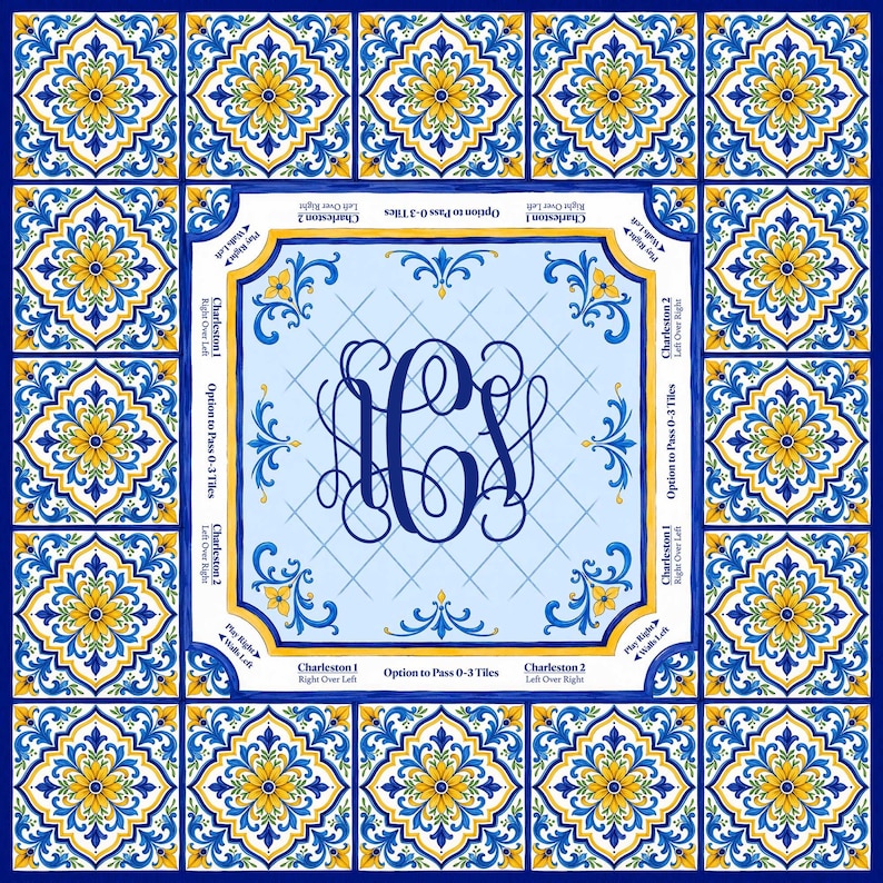 Amalfi Coast Mahjong Mat, Mediterranean Tile Mahjong Table Mat, Blue Yellow Floral Mahjong Mat, Mahjong Gift, Charleston Reminder Game Mat bild 2