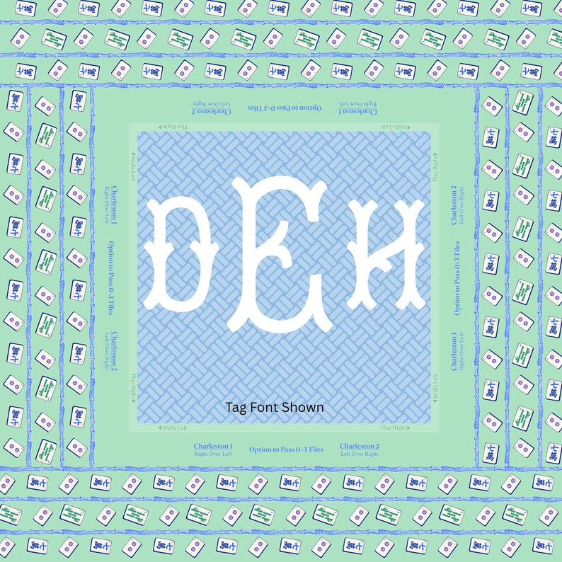 May include: A square, light green and blue Mahjong tile design with a central monogram in white. The design includes the text "Tag Font Shown" and other text related to the game.