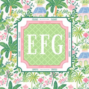 Puede incluir: Un elemento decorativo cuadrado con las letras blancas "EFG" sobre un fondo verde claro estampado, enmarcado por un borde rosa. El fondo presenta un dise&ntilde;o floral tropical con palmeras, flores y peque&ntilde;as estructuras con tejados azules.