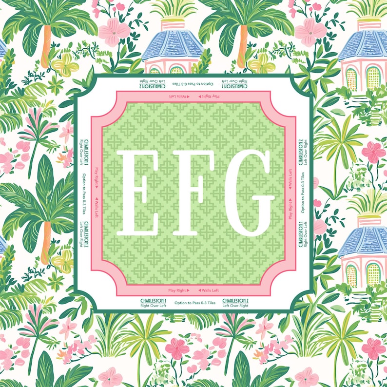 Puede incluir: Un elemento decorativo cuadrado con las letras blancas "EFG" sobre un fondo verde claro estampado, enmarcado por un borde rosa. El fondo presenta un dise&ntilde;o floral tropical con palmeras, flores y peque&ntilde;as estructuras con tejados azules.