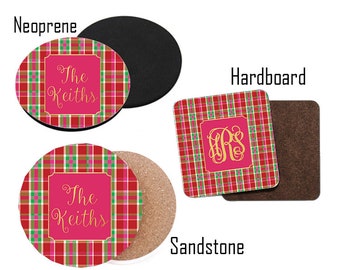 Personalized Cocktail Coaster Set - Christmas Coasters - Personalized Holiday Coasters - Pink Plaid Design