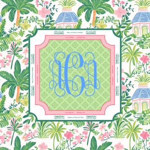 Puede incluir: Un elemento decorativo cuadrado con un fondo verde claro y un monograma azul. El art&iacute;culo est&aacute; enmarcado con un borde rosa y rodeado por un patr&oacute;n floral tropical con palmeras y flores rosas. El texto es visible alrededor del borde.
