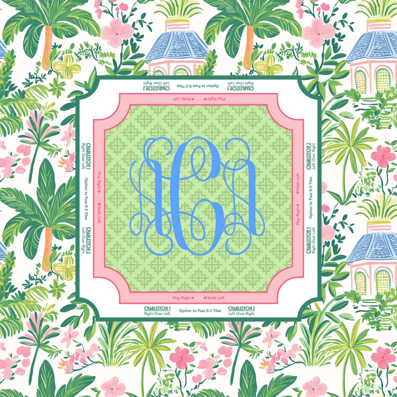 Puede incluir: Un elemento decorativo cuadrado con un fondo verde claro y un monograma azul. El art&iacute;culo est&aacute; enmarcado con un borde rosa y rodeado por un patr&oacute;n floral tropical con palmeras y flores rosas. El texto es visible alrededor del borde.