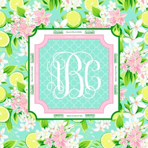May include: A decorative square with a monogram in white, set against a turquoise background with a pink border. The design is surrounded by a floral pattern of pink flowers, white blossoms, and lime slices.