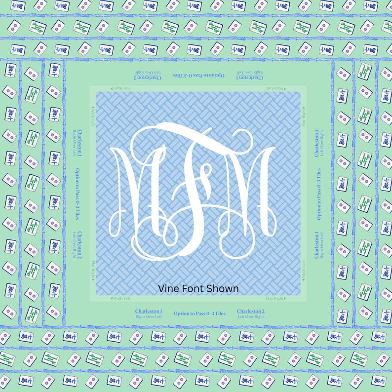 May include: A square, light blue and green Mahjong game board with a white monogram in the center. The board features a light blue woven pattern and a border of Mahjong tiles.