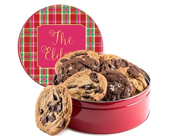 Cookie Tin - Christmas Plaid Tin - Custom Gift Container - Christmas Round Tin - Baked Goods Tin - Pink Plaid Cookie Tin