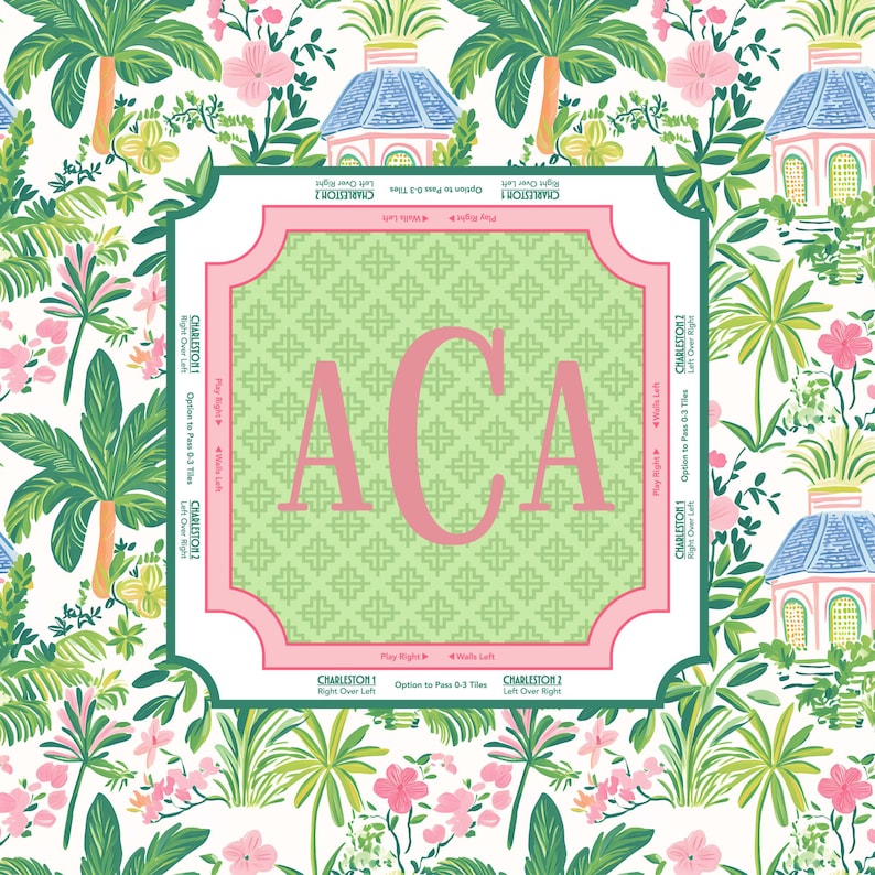 Puede incluir: Un cuadrado decorativo con un borde rosa y las letras "ACA" en rosa. El cuadrado est&aacute; sobre un fondo de follaje floral y tropical verde y blanco. El fondo incluye palmeras, flores y peque&ntilde;os edificios.