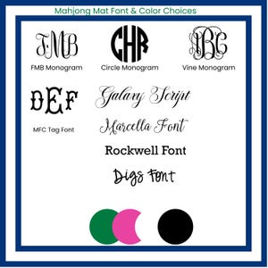 A white background displays various font styles for mahjong mats, including FMB Monogram, Circle Monogram, and Vine Monogram. The text "Mahjong Mat Font & Color Choices" is at the top. Three colored circles are at the bottom: green, pink, and black.