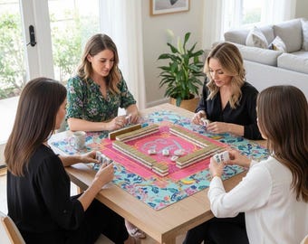 Mahjong Mat – Bird Motif Monogram Table Pad, Pink and Blue Monogram Mah Jongg Mat