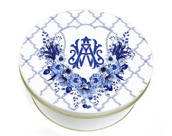 Blue Shield Cookie Tin - Blue Floral Cookie Tin - Chinoiserie Cookie Tin - Biscuit Tin - Personalized Cookie Tin - Custom Baking Gift