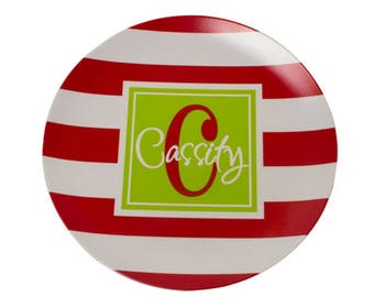 Red Striped Christmas Plate - Personalized  Christmas Plates - Thermosaf Plate - Custom Christmas Dinnerware