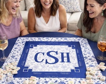 Mahjong Mat - Blue & White Floral Blooms - Custom Neoprene with a Monogram