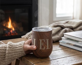 Personalized Walnut Woodgrain Wine Tumbler: Engraved Monogram Corkcicle