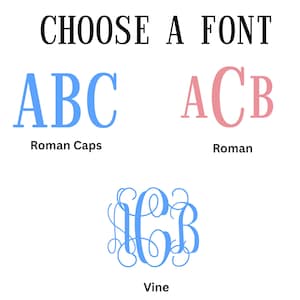 May include: Image displaying font options: Roman Caps in blue, Roman in pink, and Vine in blue. The text "CHOOSE A FONT" is at the top in black. Each font style is accompanied by a sample of the letters.