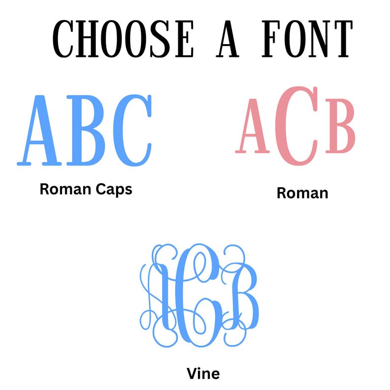 May include: Image displaying font options: Roman Caps in blue, Roman in pink, and Vine in blue. The text "CHOOSE A FONT" is at the top in black. Each font style is accompanied by a sample of the letters.