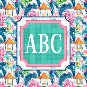 May include: A decorative square with the letters "ABC" in white, set against a teal and pink patterned background. The background features a tropical design with toucans, pagodas, and palm leaves. The square has a pink border.