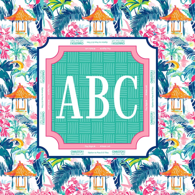 May include: A decorative square with the letters "ABC" in white, set against a teal and pink patterned background. The background features a tropical design with toucans, pagodas, and palm leaves. The square has a pink border.