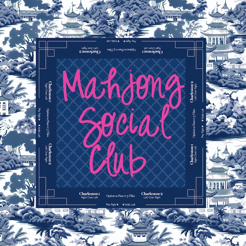 A square, blue and white mahjong  game neoprene mat ith the words "Mahjong Social Club" in pink script. The board is surrounded by a blue and white Asian-inspired pattern. The corners have text indicating game play.