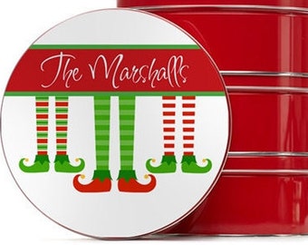 Cookie Tin - Christmas Biscuit Tin - Personalized Christmas Cookie Tin - CustomTin - Decorative Round Tin - Elf Stockings Tin