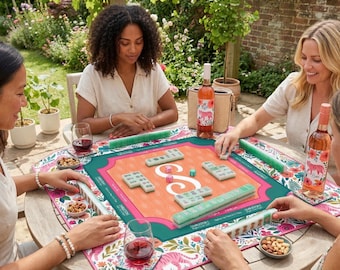 Personalized Monogram Mahjong Mat, Non-Slip Neoprene Game Mat -Pink Tiger Mah Jongg - Table Game with Charleston Guides