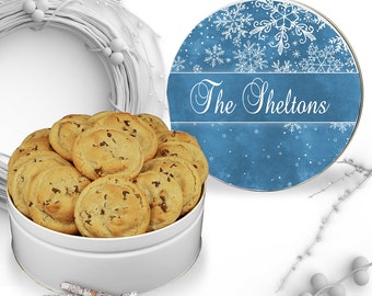 Christmas Blue Snow Cookie Tin - Christmas Cookie Tin - Biscuit Tin - Personalized Cookie Tin - Custom Baking Gift -  Round Metal Tin