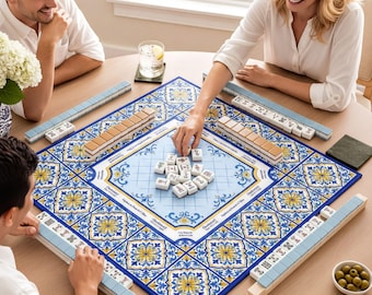 Tapete de mesa de mahjong: Azulejos florales azules y amarillos - Estilo costero