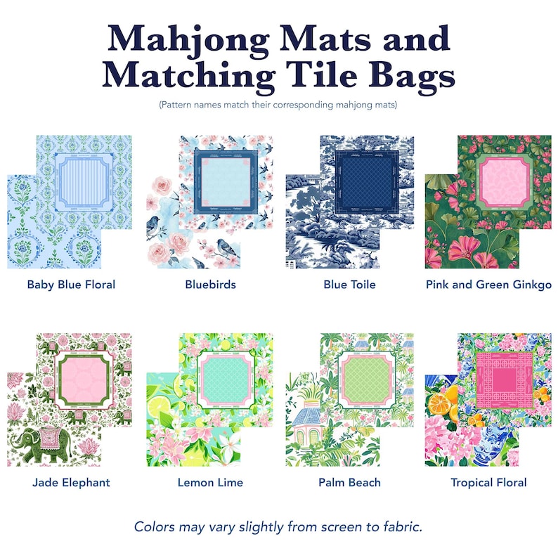Op de afbeelding: Afbeelding van Mahjong-matten en bijpassende tassen met verschillende patronen. Ontwerpen omvatten Baby Blue Floral, Bluebirds, Blue Toile, Pink and Green Ginkgo, Jade Elephant, Lemon Lime, Palm Beach en Tropical Floral.