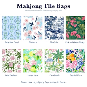 Op de afbeelding: Afbeelding van Mahjong Tile Bags met verschillende patronen. Ontwerpen zijn onder meer Baby Blue Floral, Bluebirds, Blue Toile, Pink and Green Ginkgo, Jade Elephant, Lemon Lime, Palm Beach en Tropical Floral. De tekst hieronder luidt "Colors may vary slightly from screen to fabric."