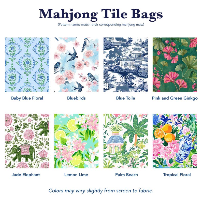 Op de afbeelding: Afbeelding van Mahjong Tile Bags met verschillende patronen. Ontwerpen zijn onder meer Baby Blue Floral, Bluebirds, Blue Toile, Pink and Green Ginkgo, Jade Elephant, Lemon Lime, Palm Beach en Tropical Floral. De tekst hieronder luidt "Colors may vary slightly from screen to fabric."