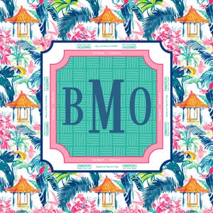 May include: A square, patterned design with the letters "BMO" in a teal font, set against a teal and pink background. The design is framed by a pink border and surrounded by a tropical floral pattern with orange pagoda illustrations.