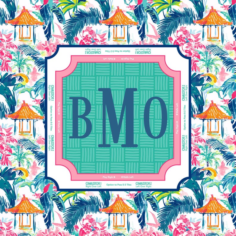 May include: A square, patterned design with the letters "BMO" in a teal font, set against a teal and pink background. The design is framed by a pink border and surrounded by a tropical floral pattern with orange pagoda illustrations.