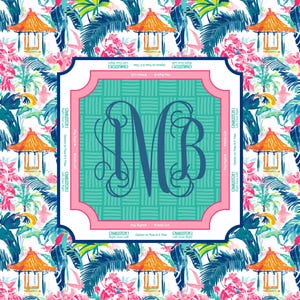 May include: A decorative square featuring a teal and pink monogram with the letters "MB". The monogram is set against a teal woven background, framed by a pink border. The background is a tropical pattern with toucans, palm fronds, and pagodas.