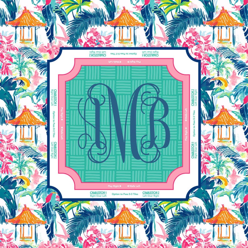 May include: A decorative square featuring a teal and pink monogram with the letters "MB". The monogram is set against a teal woven background, framed by a pink border. The background is a tropical pattern with toucans, palm fronds, and pagodas.