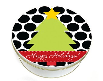 Decorative Christmas Tin - Personalized Christmas Cookie Tin - Custom Holiday Tin - Round Christmas Cookie Tin - Polka Dot Christmas Tree