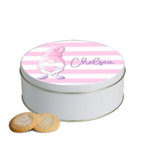 Personalized Valentine Gnome Cookie Tin - Gnome Cookie Tin - Gnome Tin - Personalized Cookie Tin - Custom Baking Gift -  Round Metal Tin