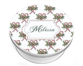 Personalized Holly Canes Biscuit Tin - Christmas Cookie Tin - Custom Cookie Tin - Personalize Cookie Tin - Christmas Gift