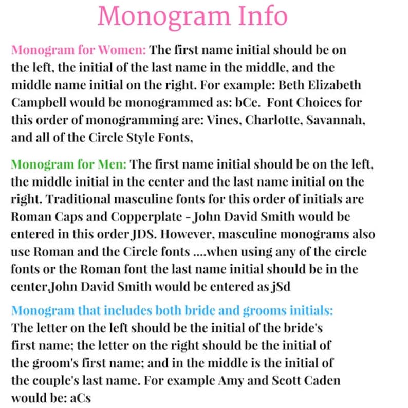 May include: A text-based infographic explaining how to create a monogram using initials. The infographic includes examples of how to arrange initials for women, men, and couples.