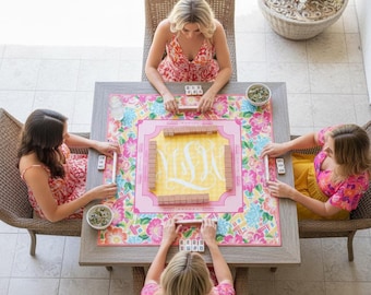 Mahjong Mat - Personalized Hibiscus Flower Game Mat - Monogram Table Pad