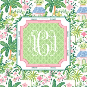 Puede incluir: Un cuadrado decorativo con un monograma blanco sobre un fondo verde claro con un patr&oacute;n de cruces. El cuadrado est&aacute; enmarcado en rosa y verde, rodeado de un dise&ntilde;o floral tropical y palmeras.