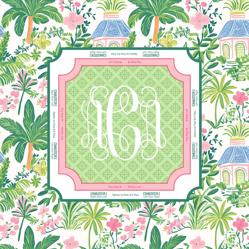 Puede incluir: Un cuadrado decorativo con un monograma blanco sobre un fondo verde claro con un patr&oacute;n de cruces. El cuadrado est&aacute; enmarcado en rosa y verde, rodeado de un dise&ntilde;o floral tropical y palmeras.