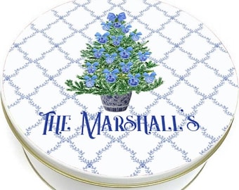 Blue Tree Cookie Tin - Blue Christmas Cookie Tin - Chinoiserie Cookie Tin - Biscuit Tin - Personalized Cookie Tin - Custom Baking Gift