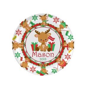 Children&#39;s Reindeer Personalized Plate - Christmas Cookie Plate - Christmas Thermosaf Plate - Reindeer Plate with Name - Personalized Dinner